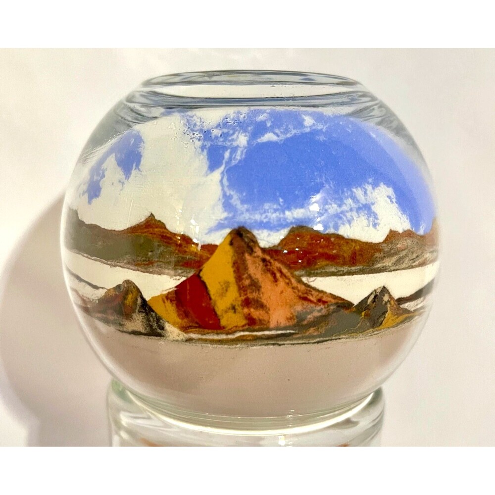 Vintage Sand Art Glass Globe Paperweight Desert Mountain Landscape Blue Sky 4.5"